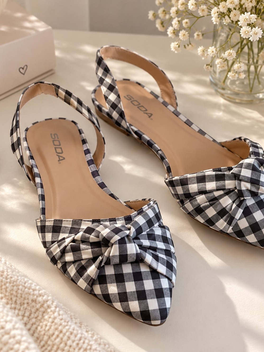 Black and white gingham pointed-toe slingback flats